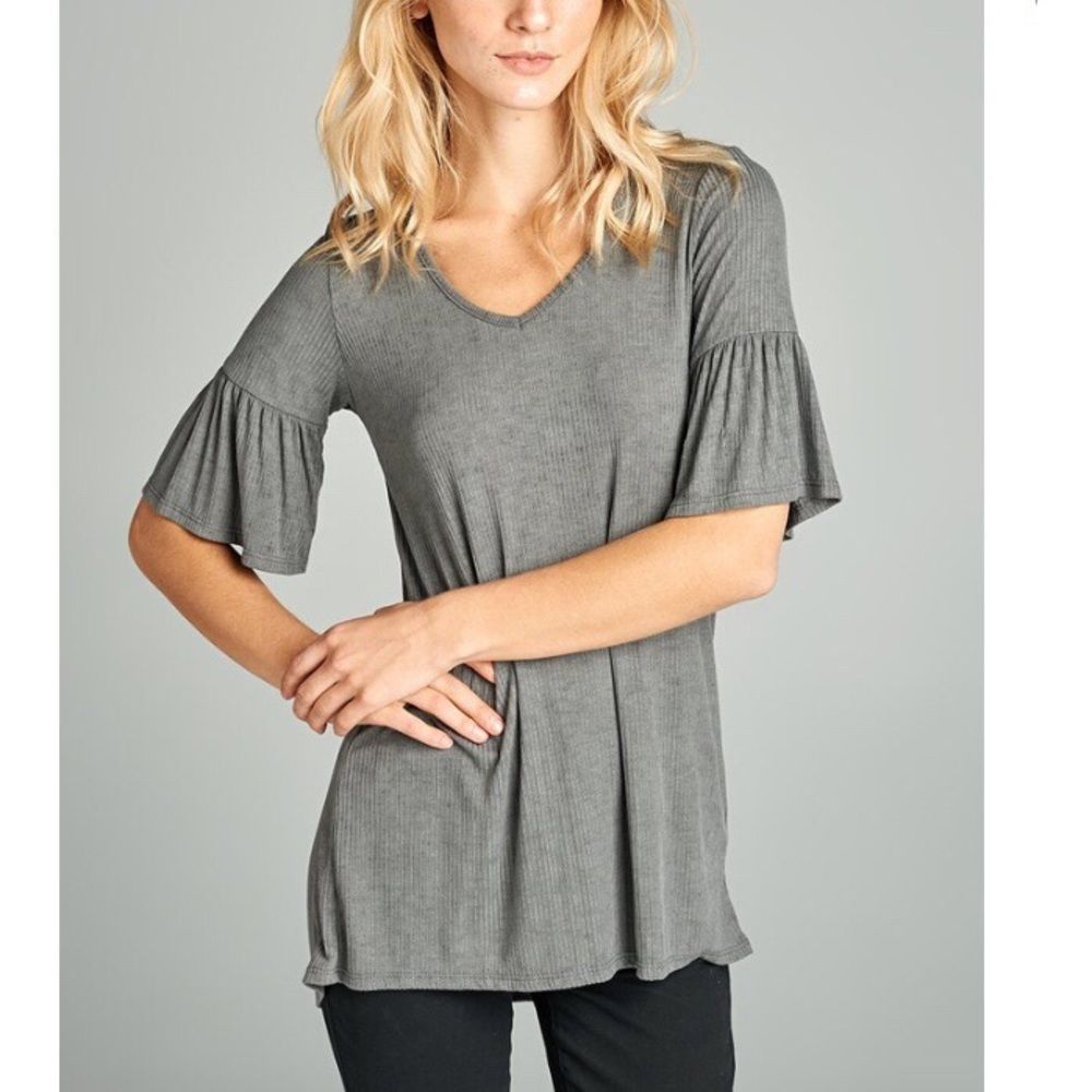 SOFT Ribbed Bell Sleeve Elbow Length Top